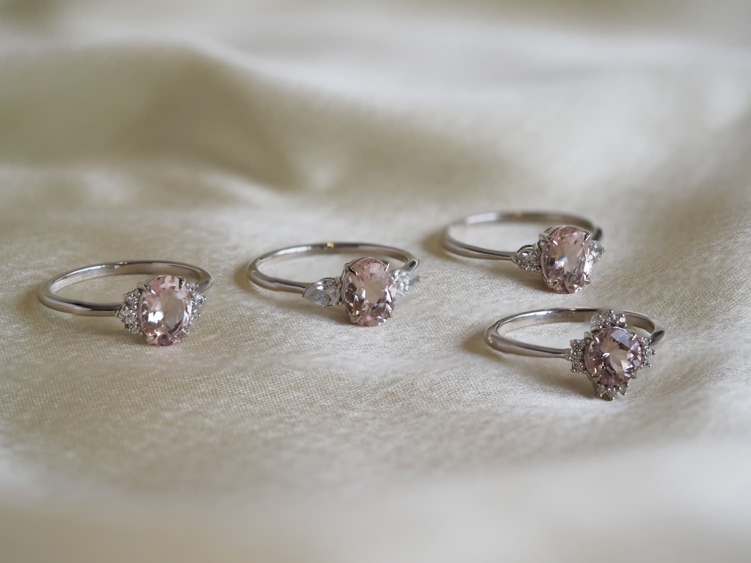 Pink Morganite rings on velvet cloth