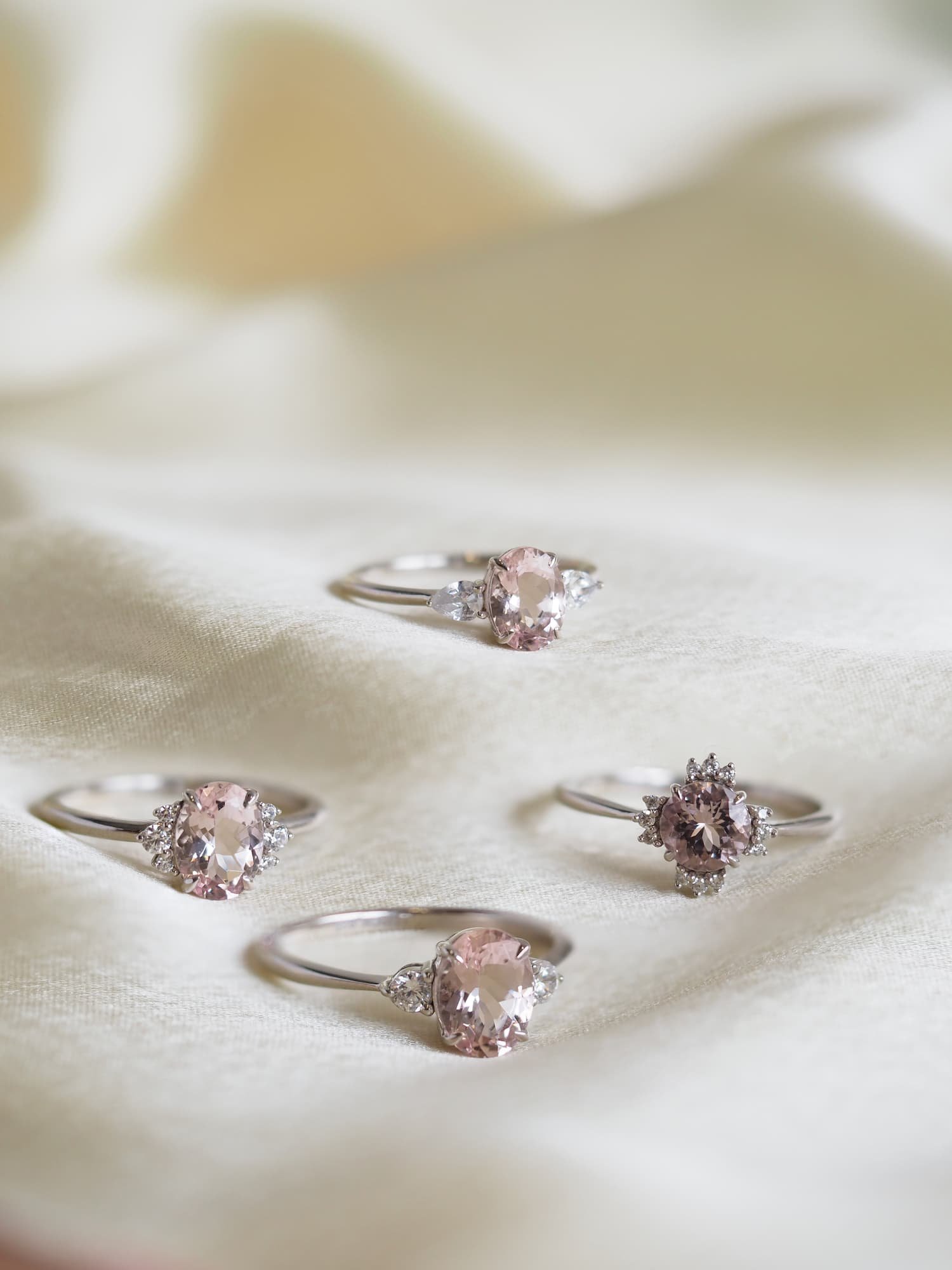 Morganite engagement rings on velvet cloth
