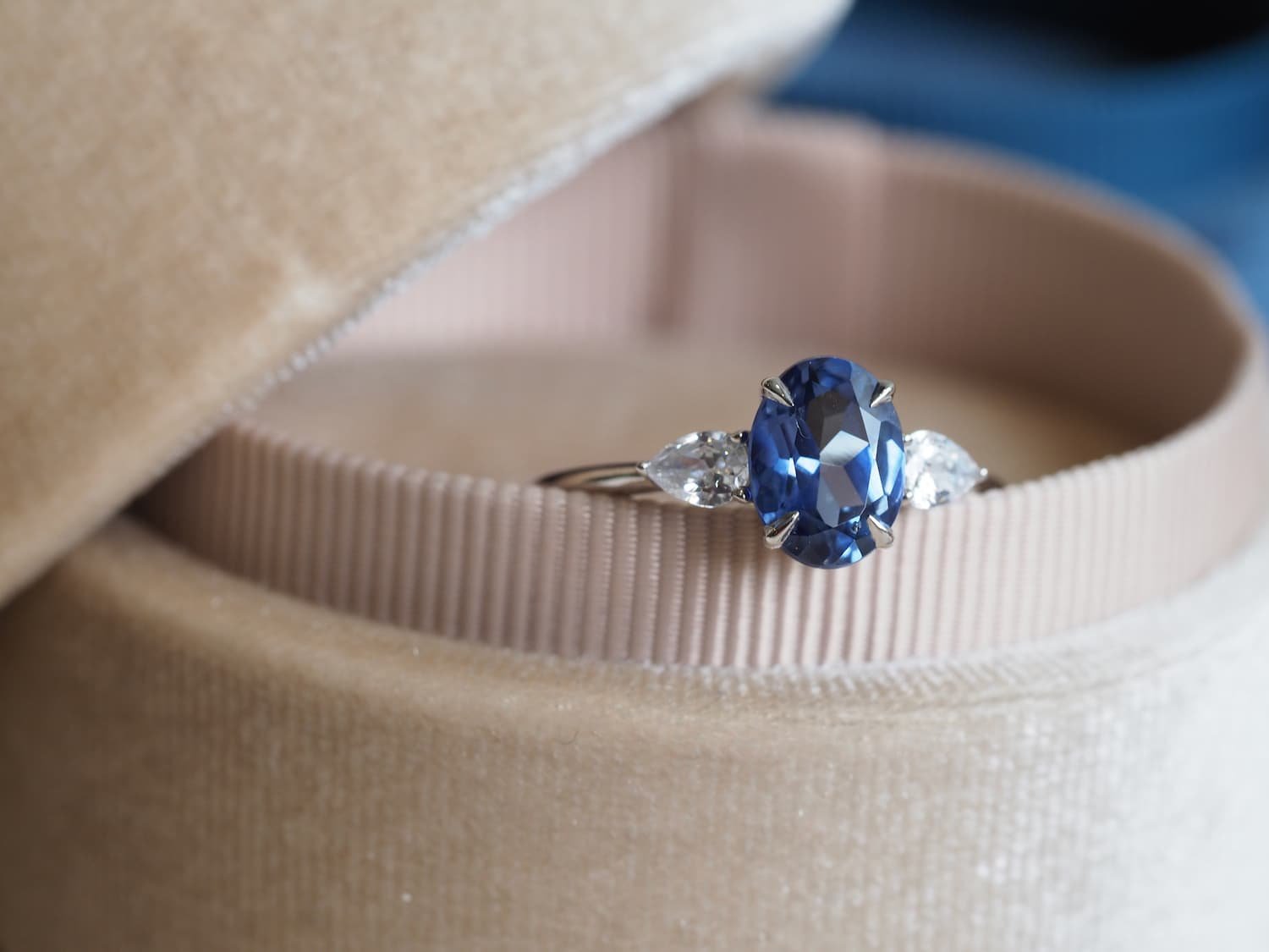 5-Stone Blue Sapphire Engagement Ring in Platinum with Diamond Halo JL