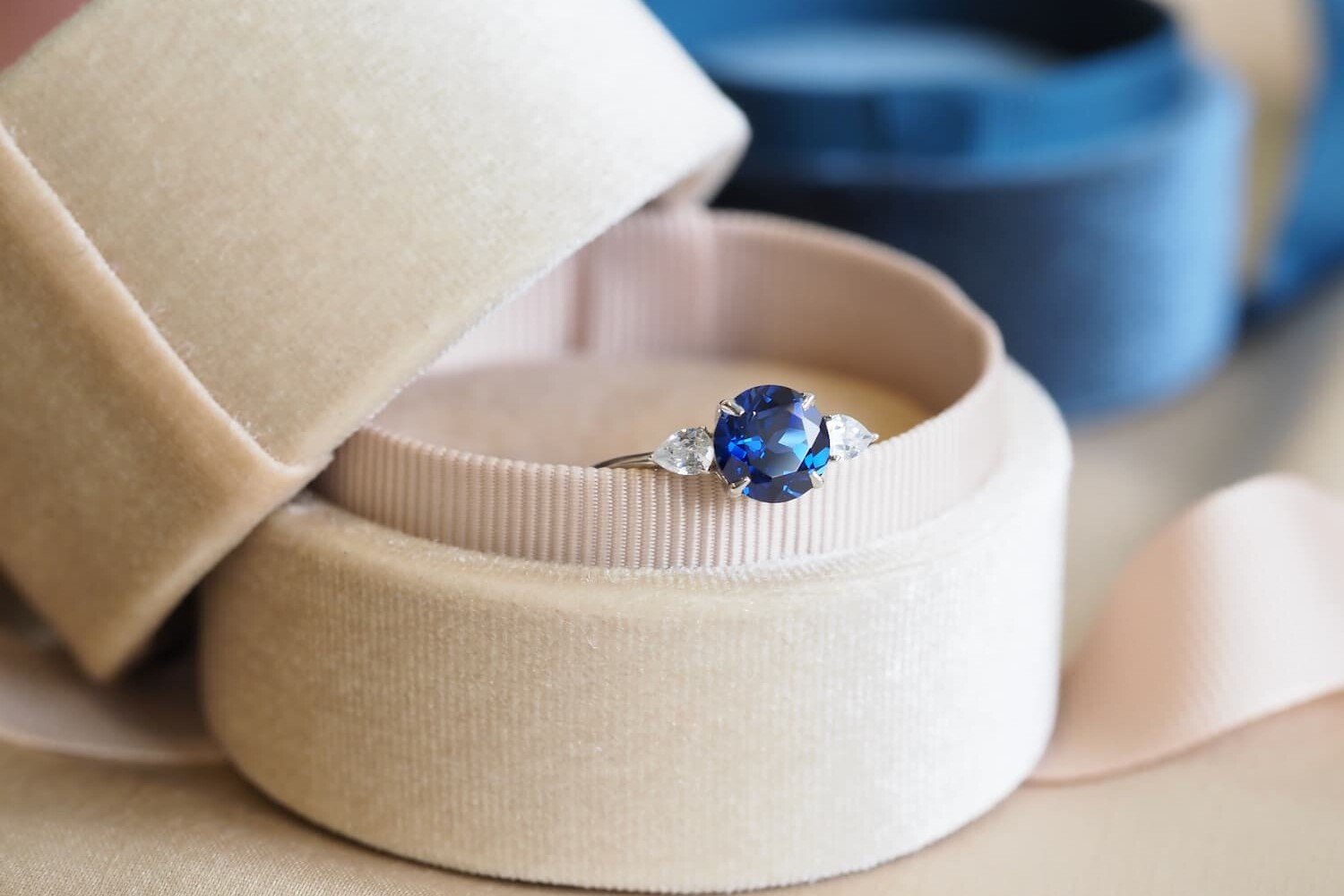 Blue sapphire ring kept in velvet box - fire shine