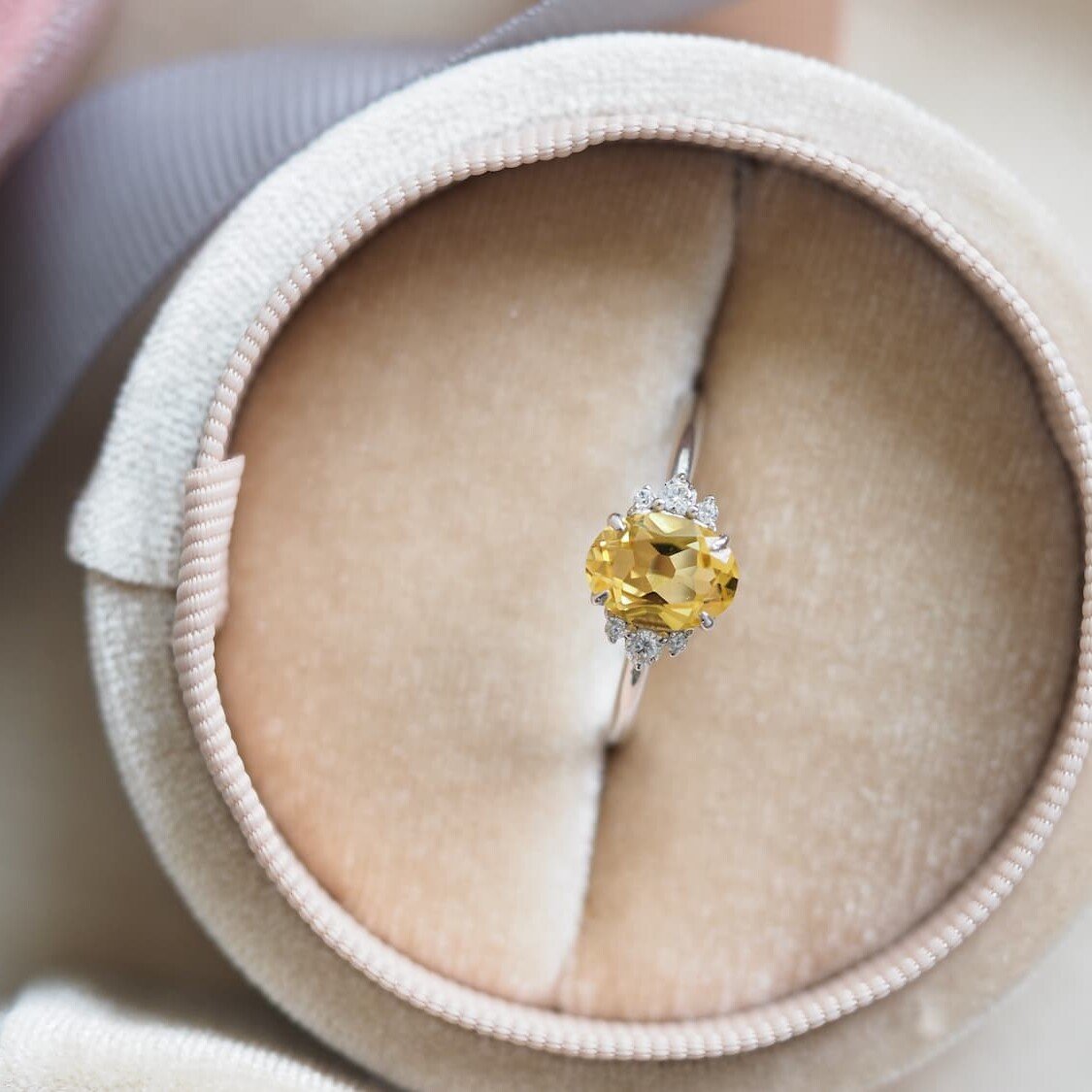 Yellow sapphire ring kept in box top view