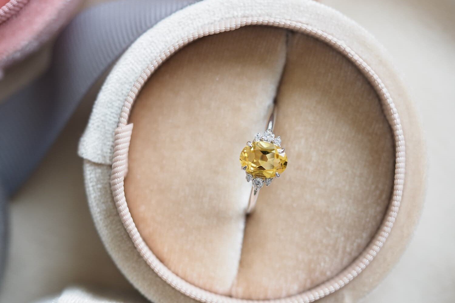 Yellow sapphire ring kept in box top view