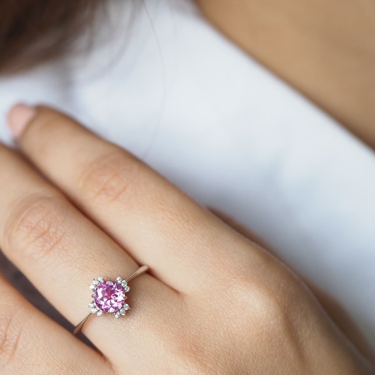 Pink stone gold and engagement ring