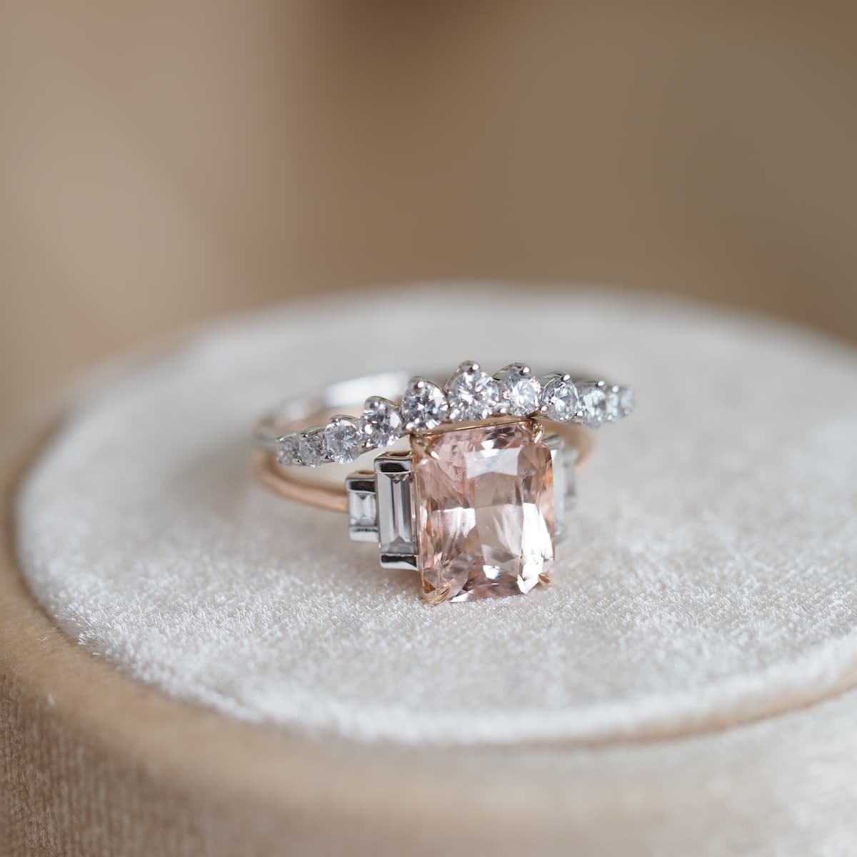 18k White Gold Cushion Cut Morganite Diamond Halo Engagement Ring Vint –  Brilliant Facets