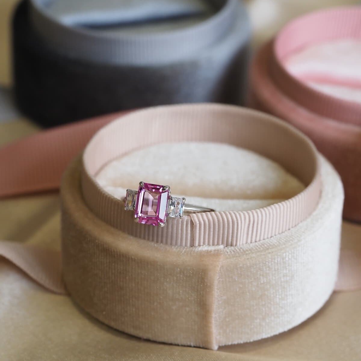 Pink Sapphire emerald cut ring