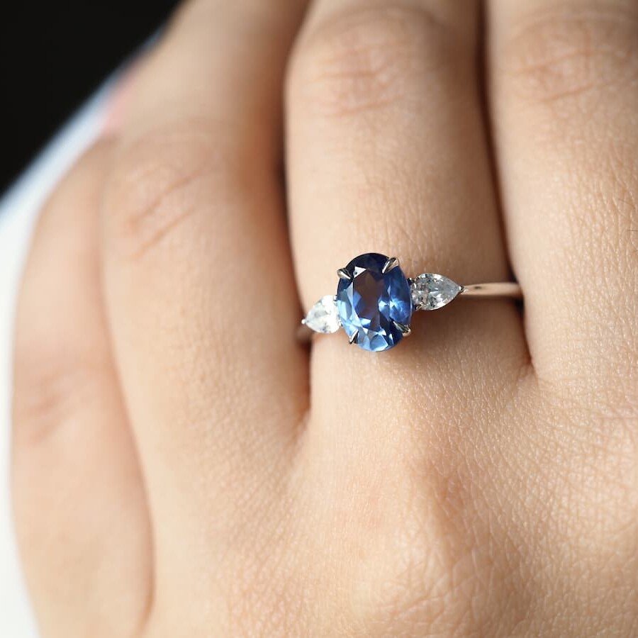 Lisa Blue Sapphire engagement ring with pear diamonds