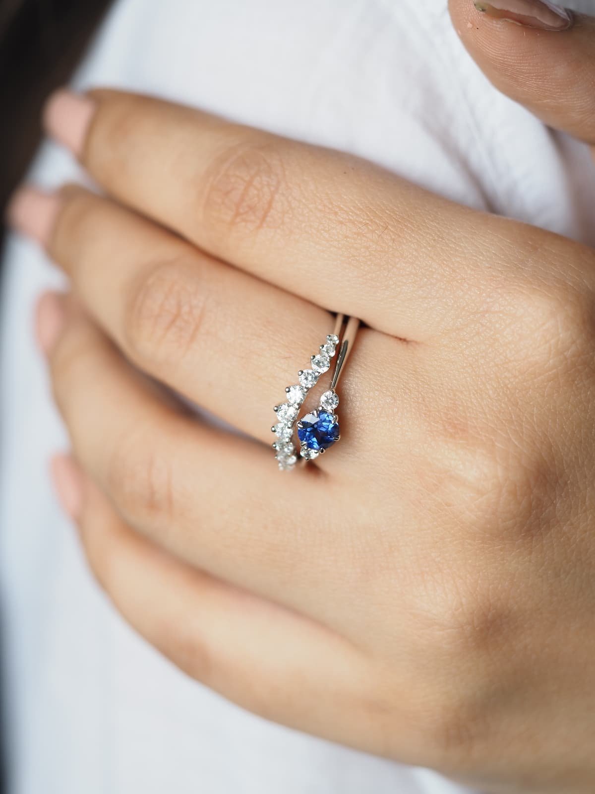 1 1/2 Ct Three Stone Vintage Blue Diamond Engagement Ring 14k White Go –  Bliss Diamond