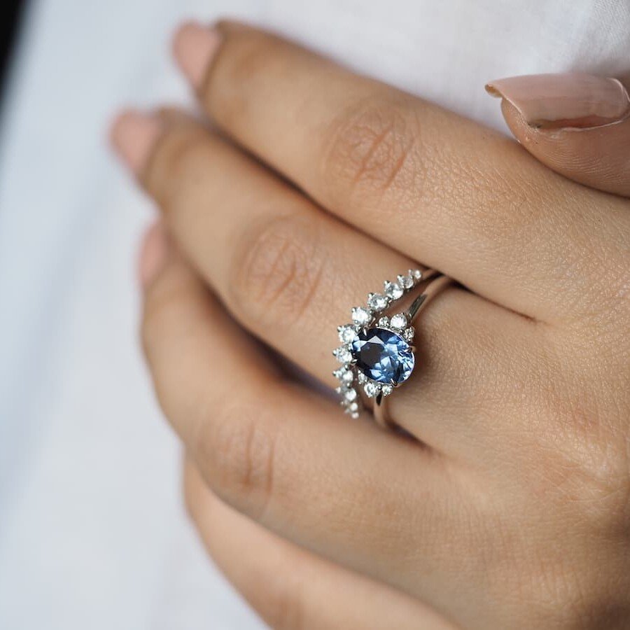 Sophia Blue Sapphire Ring shown on a hand model